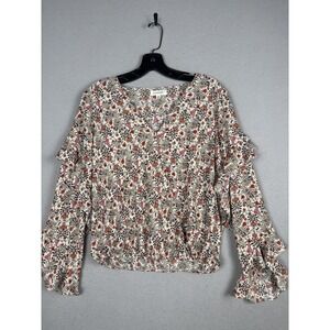 Max Studio Blouse Womens XS Multicolor Floral V Neck Ruffle Bell Sleeve Top Boho